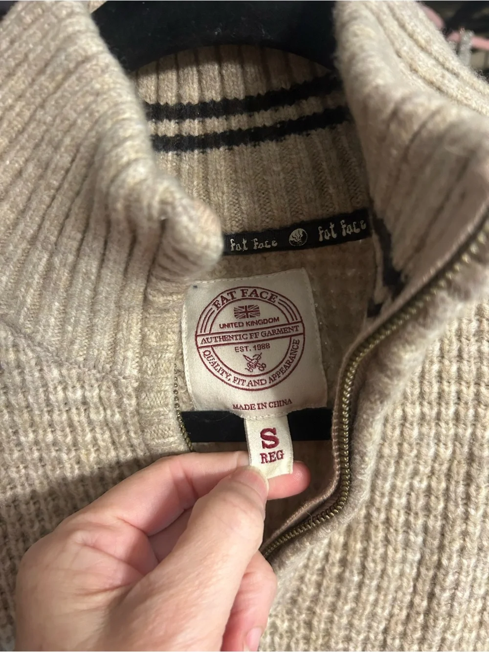 FatFace Men’s Waffle Knit Quarter Zip Mock Neck Sweater Oatmeal Small